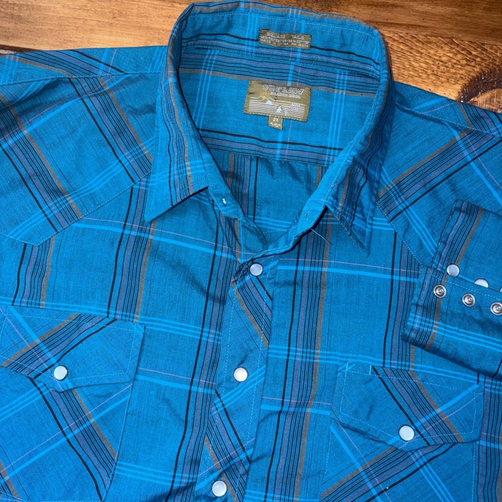 Outlaw Western Wear Shirt Mens 2X Big Blue Plaid‎ Pearl Snap Long Sleeve Cowboy